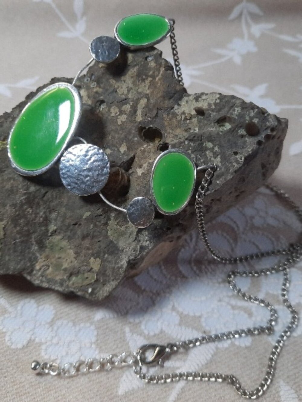 Handcrafted, One-of-a-kind, Vivid green pendant necklace on silver chain